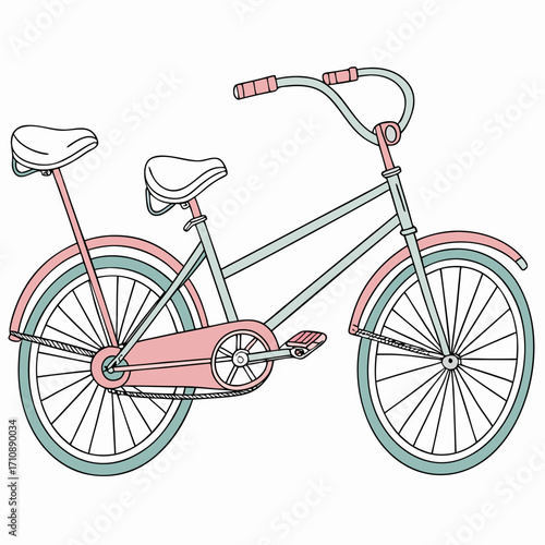 Charming pastel colored tandem bicycle illustration with two seats and classic design elements