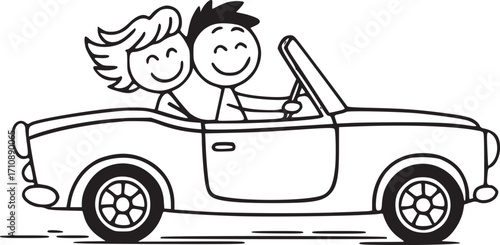 Love on Wheels: Two figures, emblematic of love and joy, embark on a joyful road trip, cruising in a classic convertible against a clear sky.