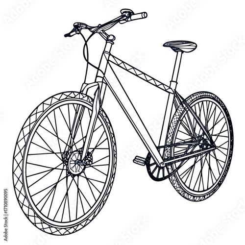 Clean line art illustration of a modern bicycle with detailed wheels and frame on a white background