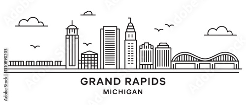 Grand Rapids Line Art skyline horizontal banner. Grand Rapids, Michigan. Vector template for your design. with white background
