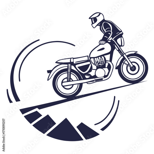 Dynamic illustration of a motorcyclist performing a stunt on a dirt bike with abstract speed lines and mountain elements