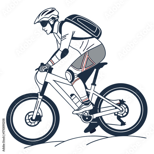 Dynamic illustration of a mountain biker wearing a helmet and backpack riding a bicycle downhill