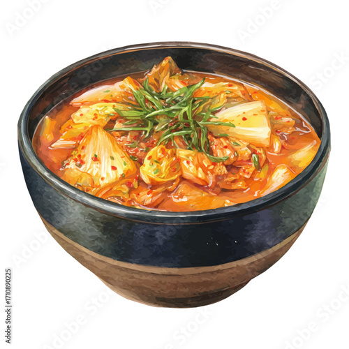 Kimchi Stew in watercolor style, vector illustration, isolated on white background.