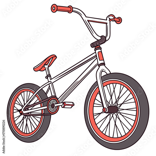 Illustration of a red and white bmx bicycle with black tires on a white background