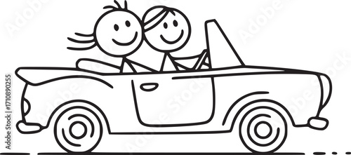 Couple's Convertible Drive: A stick figure couple enjoys a scenic drive in a stylish convertible, illustrating freedom, companionship and the joy of open-air adventures.