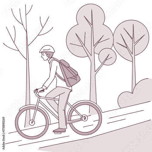 Man wearing a helmet and backpack rides a bicycle on a path through a park with trees