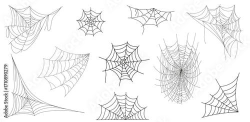 Set of spider web doodles. A scary Halloween theme for frames, banners, party decorations, etc. Outline drawing. Hand-drawn vector illustration on a white background.