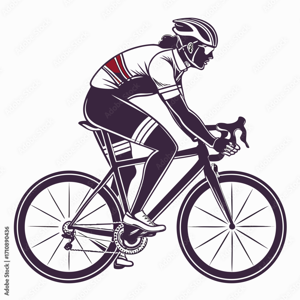 Naklejka premium Stylized illustration of a female cyclist in full racing gear pedaling a road bike with determination