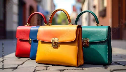 Vibrant Leather Handbags in a Row Displaying a Colorful Array