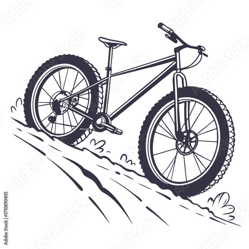 Stylized illustration of a fat tire bicycle riding downhill on a rough terrain with motion lines
