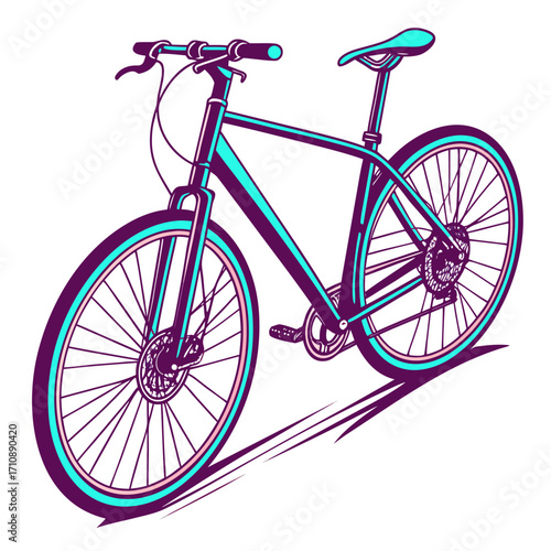 Stylized illustration of a modern bicycle with a purple frame and turquoise accents on a white background