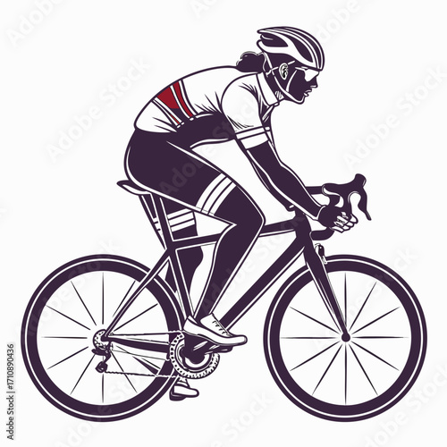 Stylized illustration of a female cyclist in full racing gear pedaling a road bike with determination