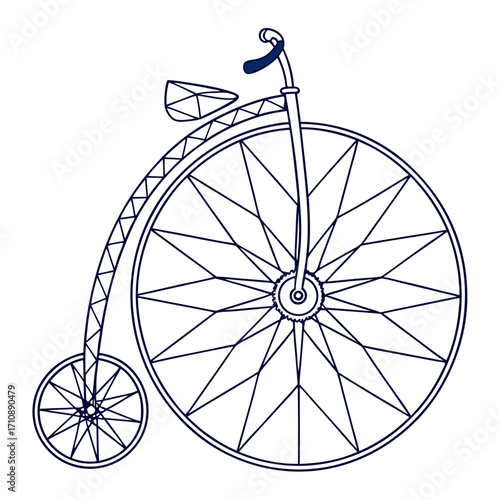 Stylized line art illustration of a vintage penny farthing bicycle with a large front wheel and small rear wheel
