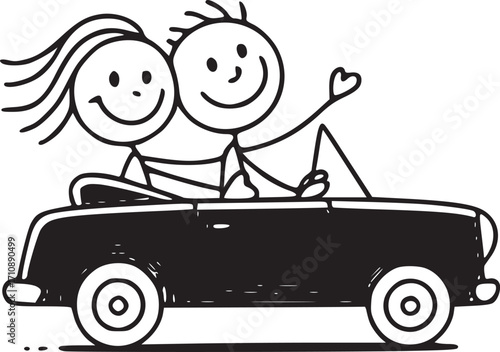Road Trip Romance: A charming illustration depicts a stick-figure couple cruising in a convertible, their smiling faces and wind-swept hair expressing pure happiness on a journey