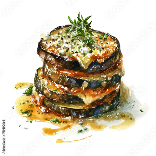 Eggplant Parmesan, watercolor painting, vector illustration, isolated on a white background.