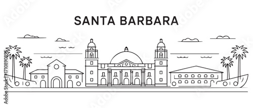 Santa Barbara Line Art skyline horizontal banner. Santa Barbara, California. Vector template for your design. with white background