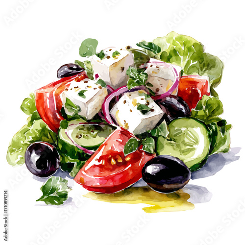 A watercolor painting of Greek Salad, vector illustration on white background.
