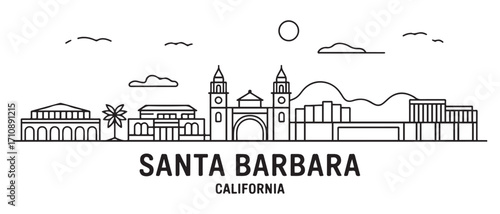 Santa Barbara Line Art skyline horizontal banner. Santa Barbara, California. Vector template for your design. with white background