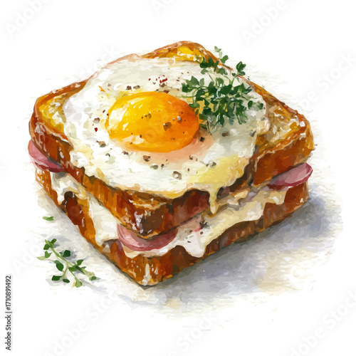 Croque Madame, watercolor painting, vector illustration, isolated on a white background.