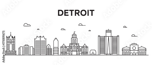 Detroit Line Art skyline. Travel Detroit famous landmarks. Business and tourism concept for presentation, banner, web site. with white background