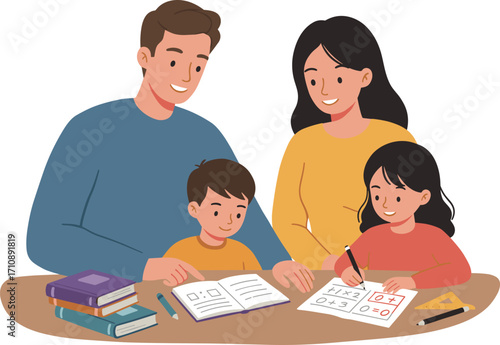 Family helping children with homework, educational activity at home, teamwork, learning support, math practice, school preparation, happy moment, focused study