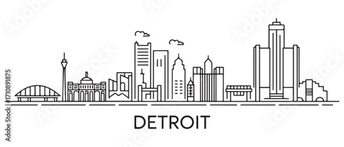 Detroit Line Art skyline. Travel Detroit famous landmarks. Business and tourism concept for presentation, banner, web site. with white background