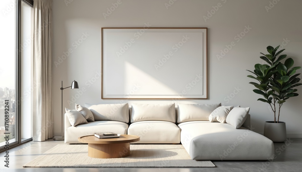 Naklejka premium Modern living room with sectional sofa, coffee table, floor lamp, and large blank picture frame. Natural light streams in from city view window. Minimalist interior design.