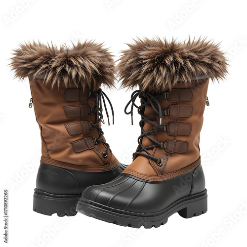 A single pair of old brown leather boots isolated on a white background