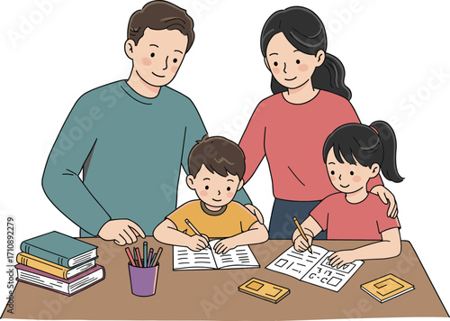 Family helping children with homework, educational activity at home, teamwork, learning support, school preparation, happy moment, focused study time