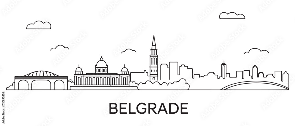 Fototapeta premium Belgrade Line Art skyline horizontal banner. Belgrade, Serbia. Vector template for your design. with white background