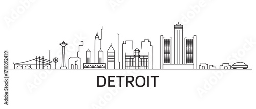 Detroit Line Art skyline. Travel Detroit famous landmarks. Business and tourism concept for presentation, banner, web site. with white background