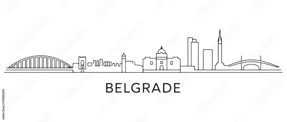 Fototapeta premium Belgrade Line Art skyline horizontal banner. Belgrade, Serbia. Vector template for your design. with white background