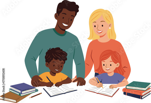 Family helping children with homework, parents supporting study time, education, learning, writing, teamwork, tutoring, bonding, love, togetherness, home school