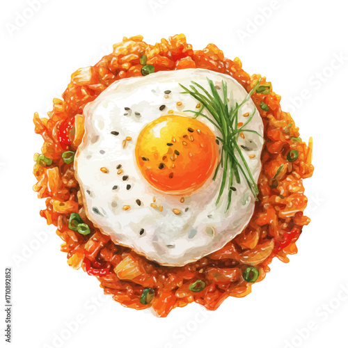 Watercolor vector illustration of Kimchi Fried Rice, isolated on white background.