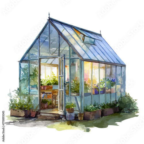 Greenhouse, watercolor painting, vector illustration, isolated on a white background.