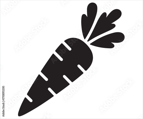 Carrot silhouette with leaves isolated on white background, healthy vegetable vector illustration, organic food graphic design, nutrition symbol icon for farming, cooking, vegan diet, gardening, and c
