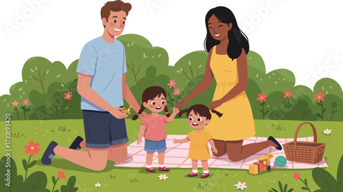 Family picnic outdoor play, parents bonding with kids, joyful moment, summer park, nature lifestyle, playful scene, love and care, teamwork, happiness