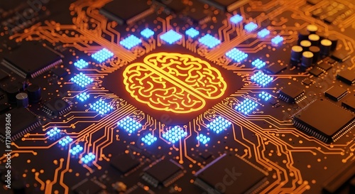 Glowing Circuit Board with Brain Symbol Representing Artificial Intelligence