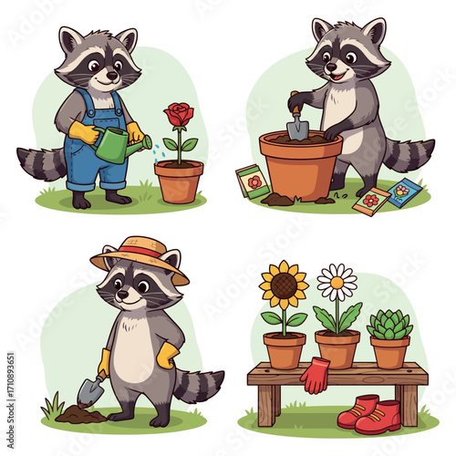 Cute Cartoon Raccoon Gardeners Mascot Set with Plants and Tools for Kids Nature Education Illustration
