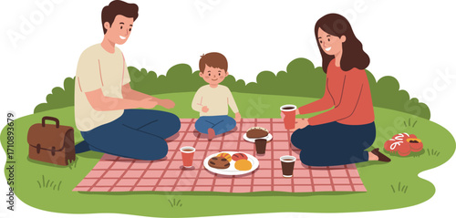 Family picnic outdoors, parents and child sitting together, food on blanket, summer leisure, grassy park setting, cheerful bonding, relaxing moment