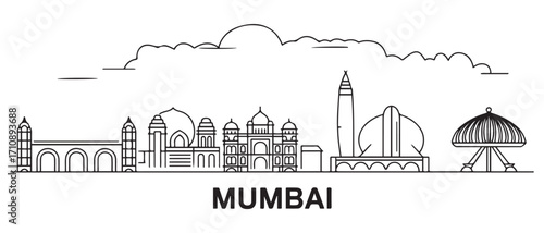 Mumbai Line Art skyline horizontal banner. Mumbai, India. Vector template for your design. with white background