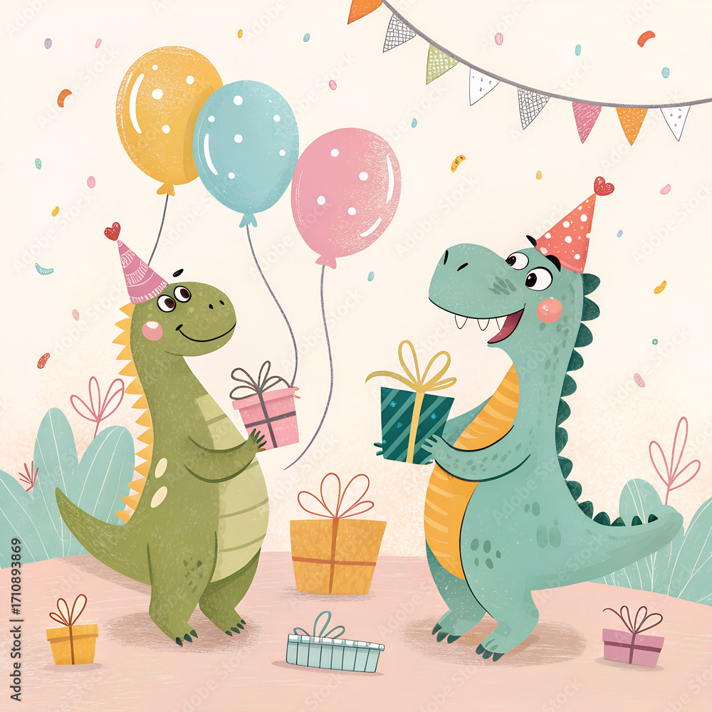 Fototapeta premium Cartoon-style birthday dinosaurs with hats and gifts, pastel fun vibe.