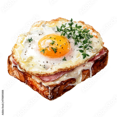 Croque Madame, watercolor painting, vector illustration, isolated on a white background.