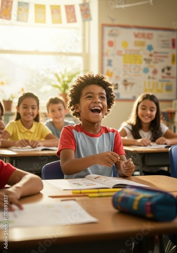 Diverse Elementary School Classroom Cheerful kids, children, and youth as students learning and studying an academic lesson together.