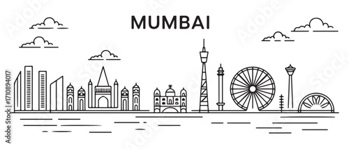 Mumbai Line Art skyline horizontal banner. Mumbai, India. Vector template for your design. with white background