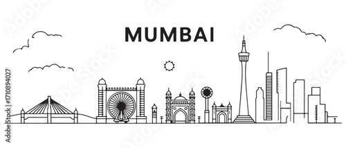 Mumbai Line Art skyline horizontal banner. Mumbai, India. Vector template for your design. with white background