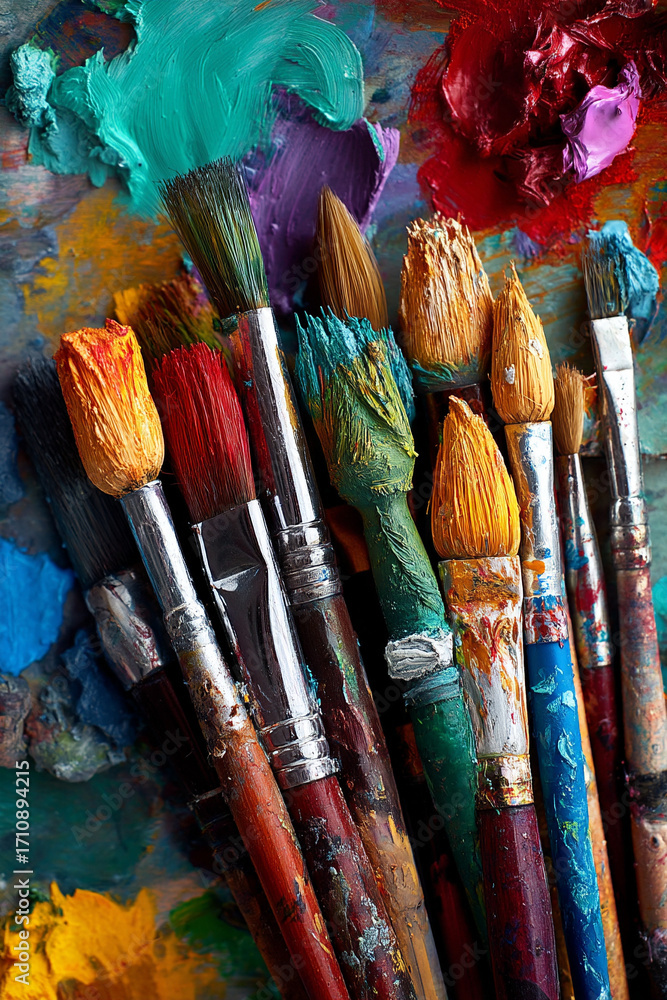 Obraz premium A collection of various paintbrushes dipped in vivid acrylic colors on an artist's messy palette, ready for creation.