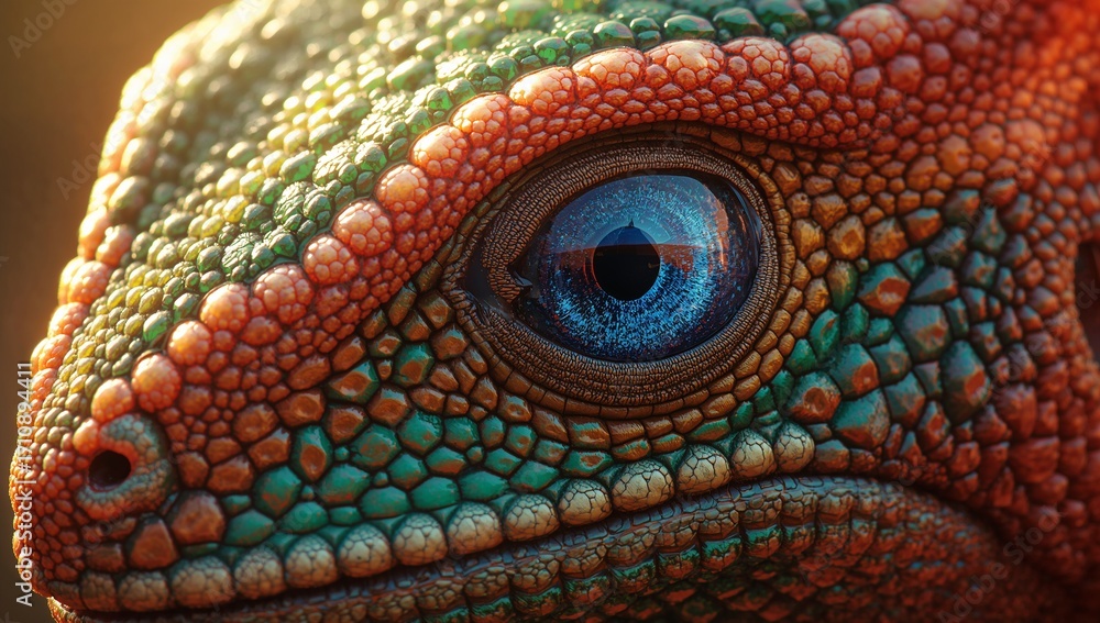 Fototapeta premium A macro close-up portrait of a wild green iguana shows its detailed scales, piercing reptilian eye, and vibrant skin