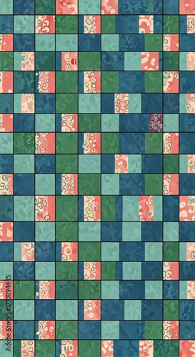 Abstract pattern of woven squares in blue green and pink.