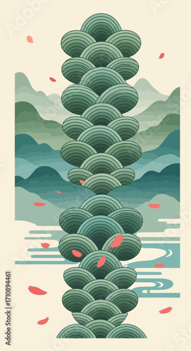 Stylized tree with layered green scales against misty mountains.